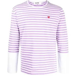 CDG Play Embroidered Logo Striped Long-Sleeve Purple/White Tee
